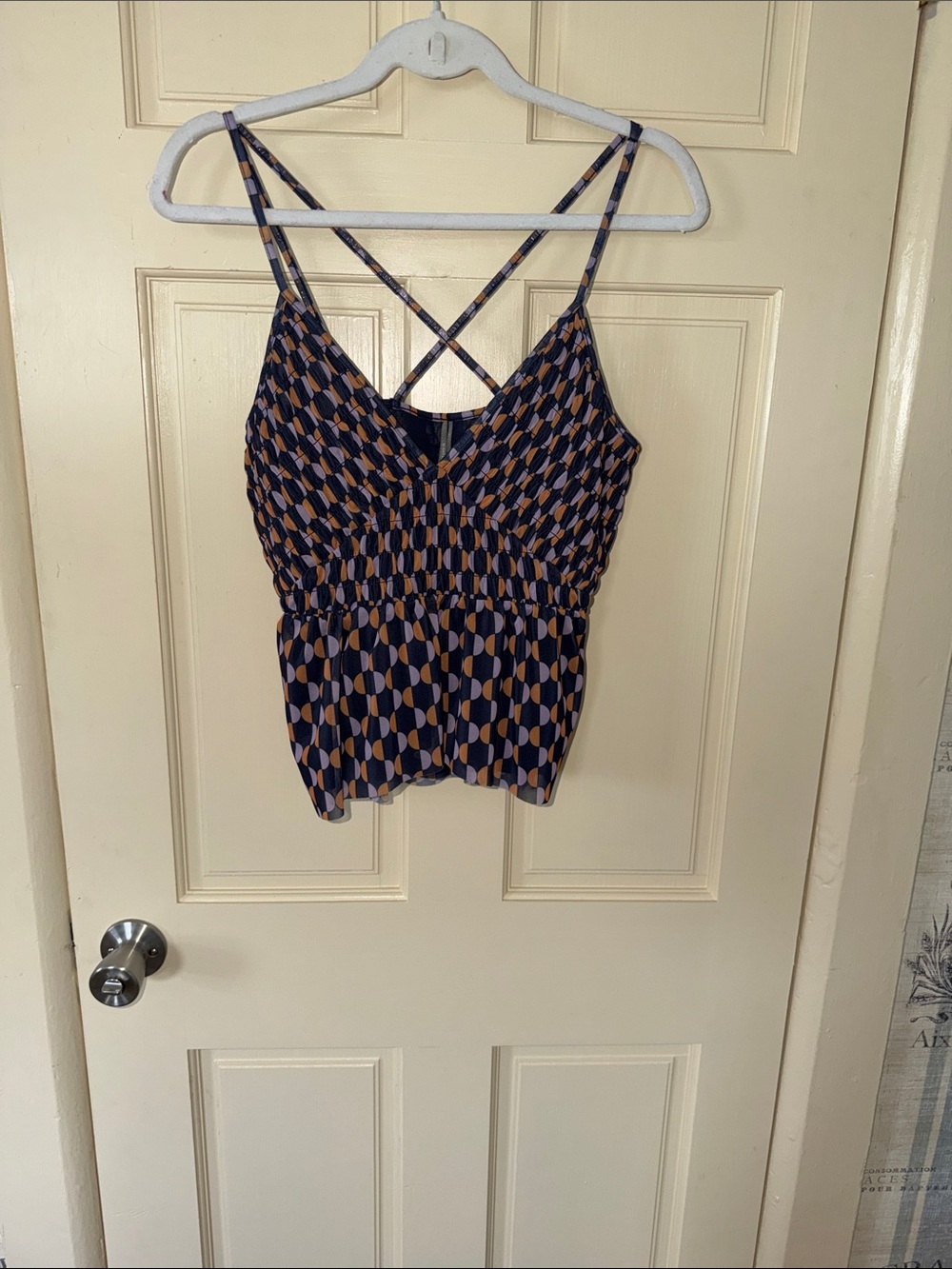 Anthropologie Navy and Tan Geometric Smocked Cami